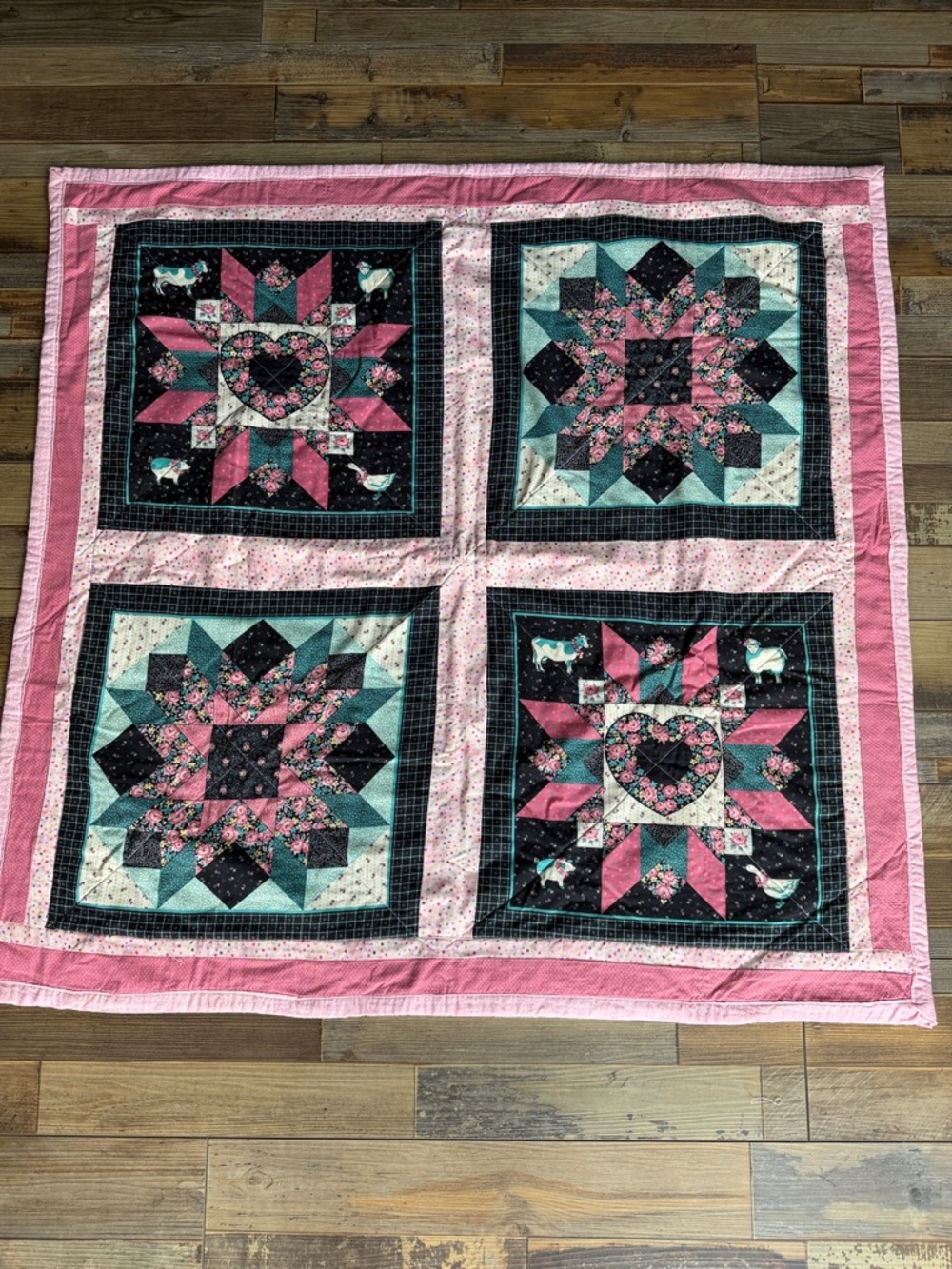 Machine Patchwork Cheater Quilt Style Blanket with Farm Animals & Hearts